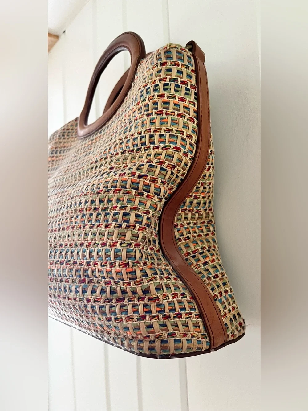 Fossil Vintage Multicolor Woven Straw Tote with Brown Leather Oval Handles